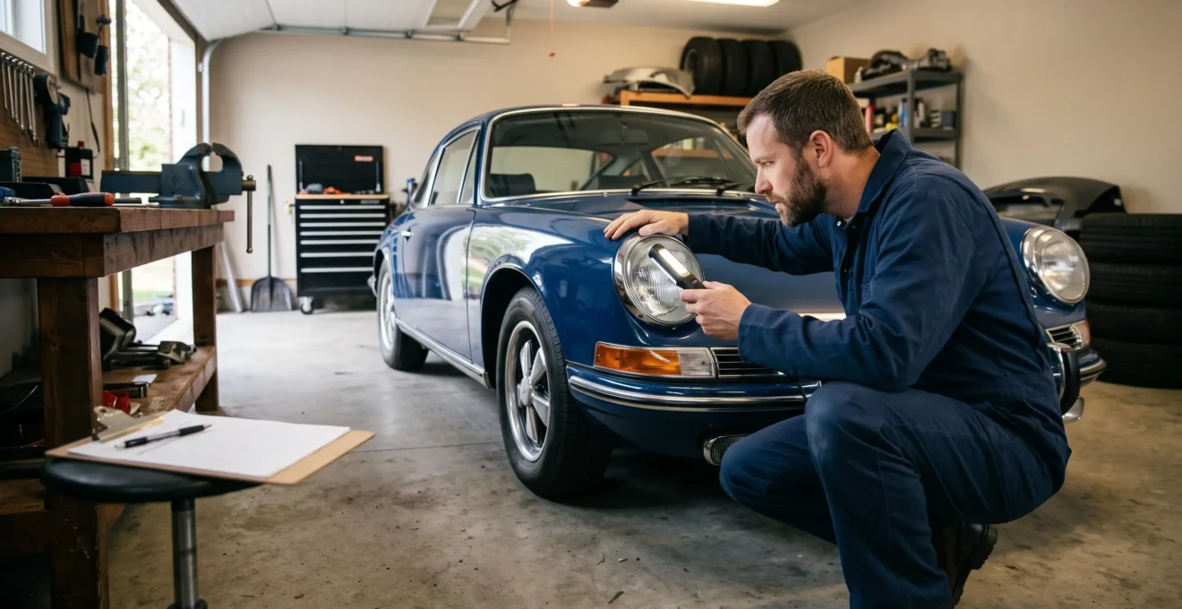 Un expert automobile inspecte la carrosserie d'un véhicule de collection à la lampe dans un garage privé.