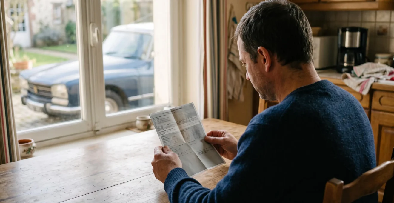Un homme examine attentivement sa carte grise à une table, un véhicule ancien visible par la fenêtre.