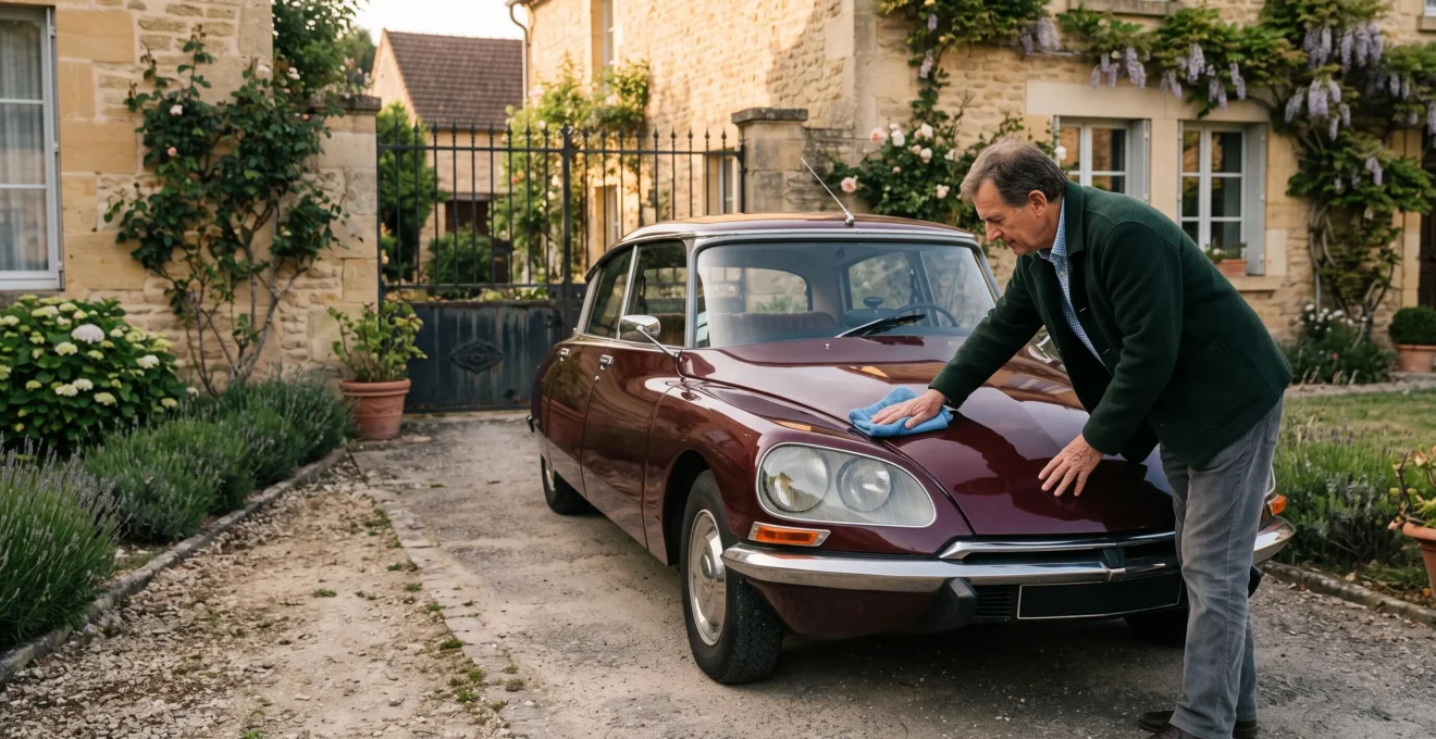 Le propriétaire d'une voiture de collection lustre la carrosserie d'un véhicule ancien garé devant une maison en France.