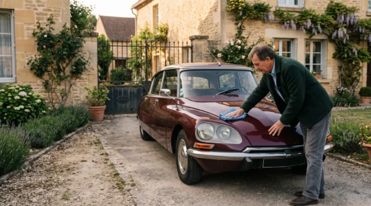 Le propriétaire d'une voiture de collection lustre la carrosserie d'un véhicule ancien garé devant une maison en France.